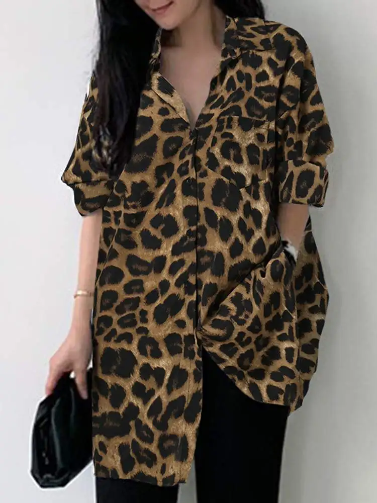 ZANZEA Women Bohemian Leopard Print Shirt Vintage Casual Tunic Top 2023 Autumn Lapel Neck Long Sleeve Blouse Button Loose Blusas