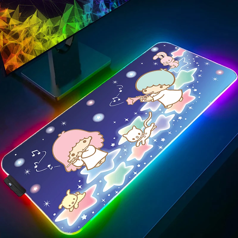 แผ่นรองเมาส์ RGB ลิตเติ้ลทวินสตาร์อะนิเมะคาวาอิอุปกรณ์เสริมสำหรับเล่นเกม LED คีย์บอร์ดแผ่นรองเม้าส์สำหรับเล่นเกมพรมแผ่นรองเมาส์มีไฟแบ็คไลท์