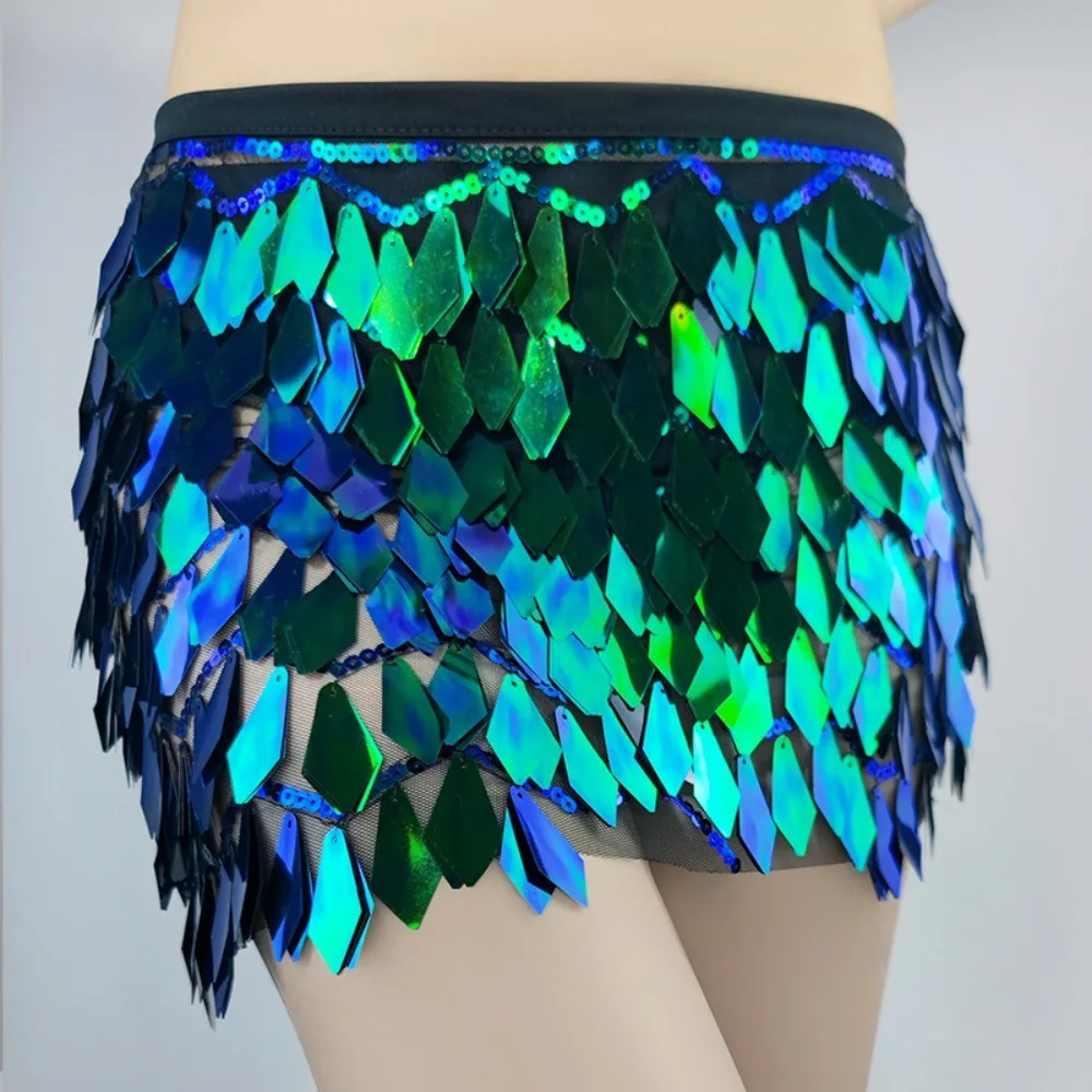 Holographic Sequin Sequin Mini Skirt Lace-Up Design Multicolor Belly Dance Skirt Wrap Style Mini Length Rave Party Skirt