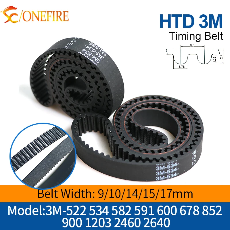 HTD 3M Timing Belt Length 522 534 582 591 600 678 852 900 1203 2460 2640mm Width 9/10/14/15mm 3M-522~3M-2640