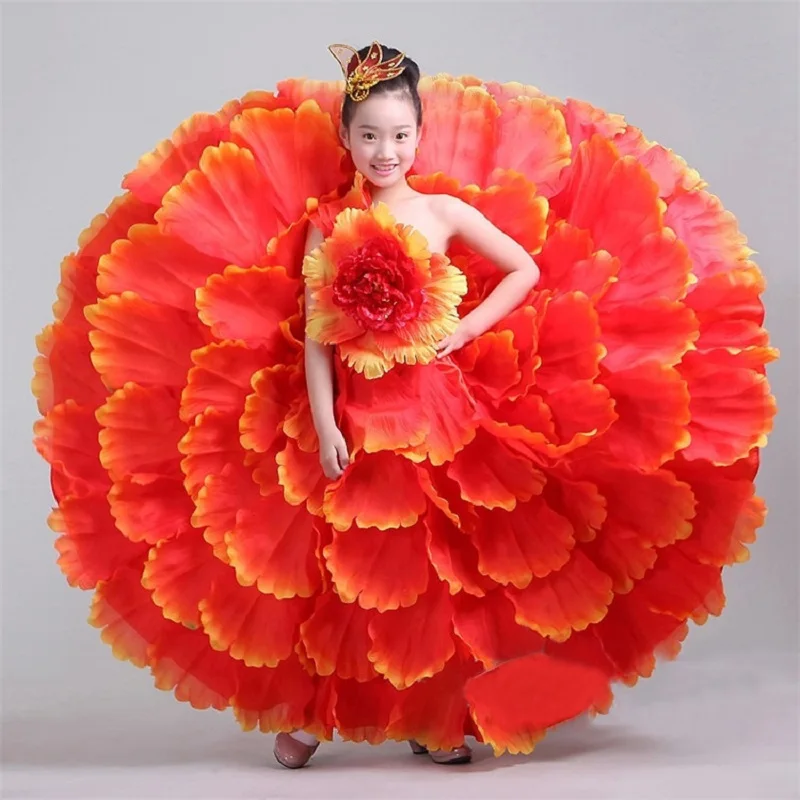 360/540/720 Degree Girl Flamenco Dance Dress Kids Flower Petal Dress Spanish Gypsy Large Swing Skirt Stage Performance Costume
