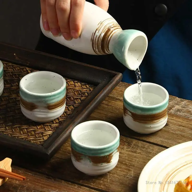 Retro Japanese Sake Set, Ceramic Flagon Liquor Cup, 1 Pot, 4 Cups, Home Bar, White Wine Pot, Creative Drinkware Gifts, 5Pcs