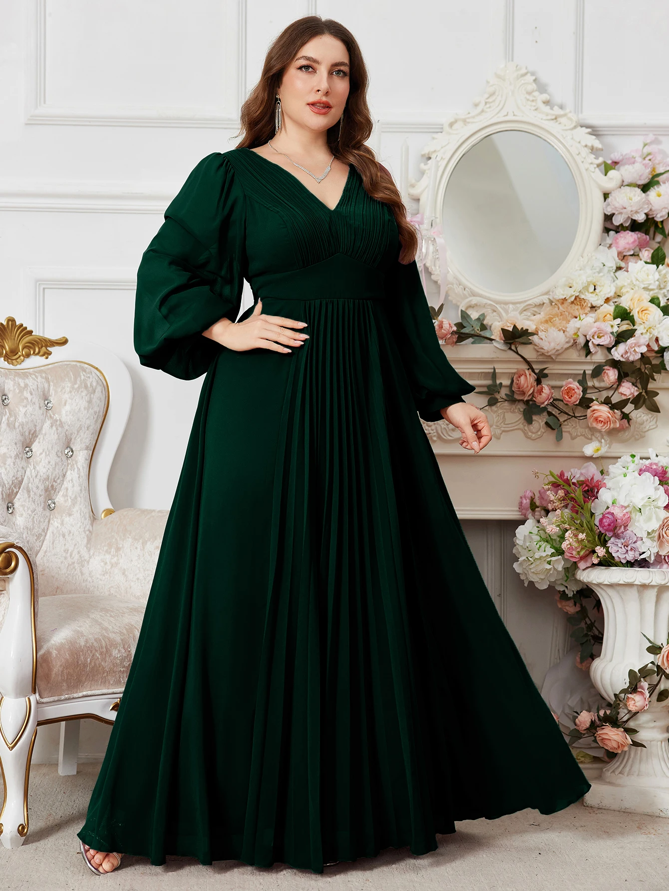 

UNITHORSE Plus Size V-Neck Chiffon Lantern Sleeve Ruffle Hem Tie Back Waist Bodycon Cocktail Party Dress, Bridesmaid Dress