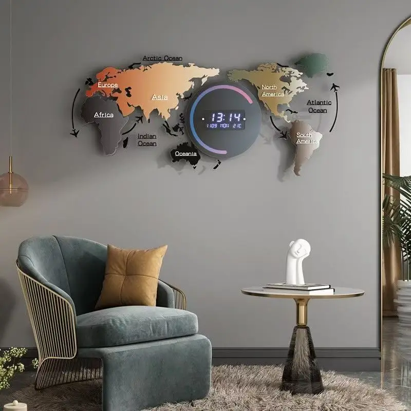 Grande relógio de parede acrílico para decoração de casa, relógio pendurado, mapa do mundo, sem luz, atacado, Dropshipping Products, 2024, 120x55