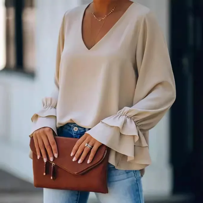 Damen Lässiges Einfarbiges V-Ausschnitt Langarm-T-Shirt Top Damen 2026 Neuer Trend Street Fashion Pullover