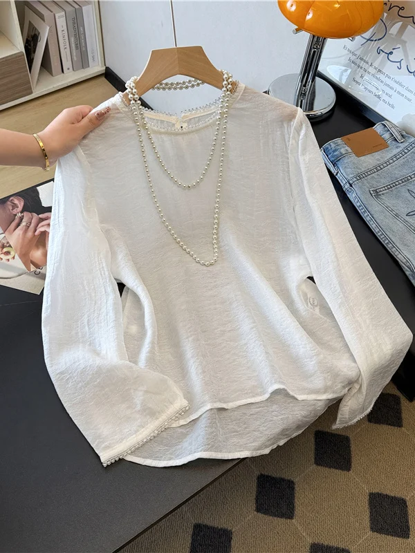 

Новинка 2025, осенний китайский Sle, вышитый бисером, круглый Ne, женский, тонкий базовый слой, чистый цвет, универсальный базовый маленький утюг