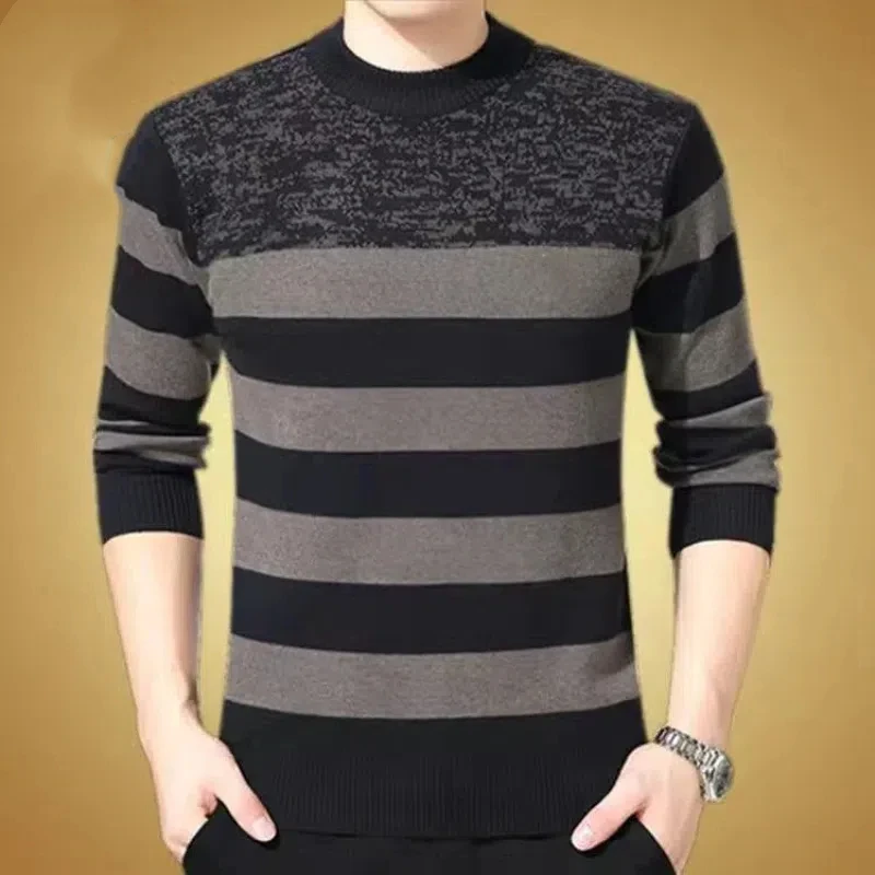 Men's Vintage Striped All-match Knitted Pullovers Autumn Winter Long Sleeve Zipper Patchwork Casual Sweaters Fashion Men Clothes