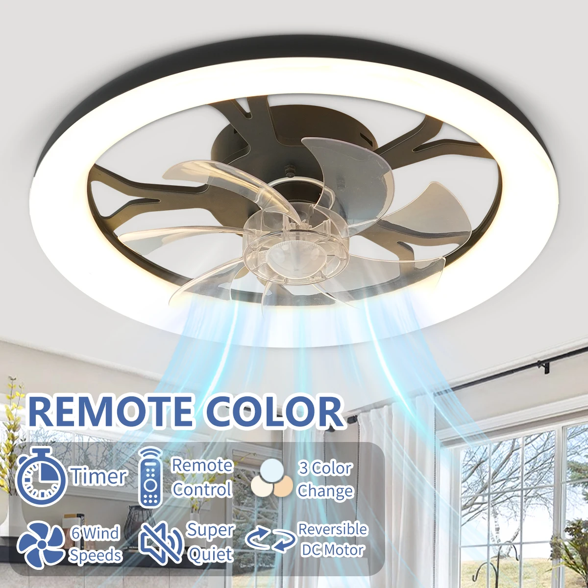 Low Floor Ceiling Fan with Light and Remote Control, Embedded Ceiling Fan, Dimmable Pendant Light, Living Room, Bedroom Lighting