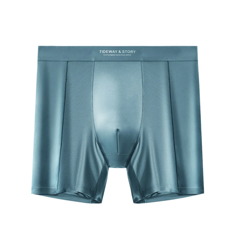 Ice Silk Men's Boxer Shorts Sexy Extended Underwear Male Breathable U Bulge Pouch Panties Middle Long Leg Underpants Cueca Homme