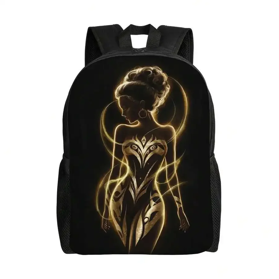 Black Polyester Backpack With Golden Art Print Lightweight Zipper Closure Unisex Casual Campus Bag