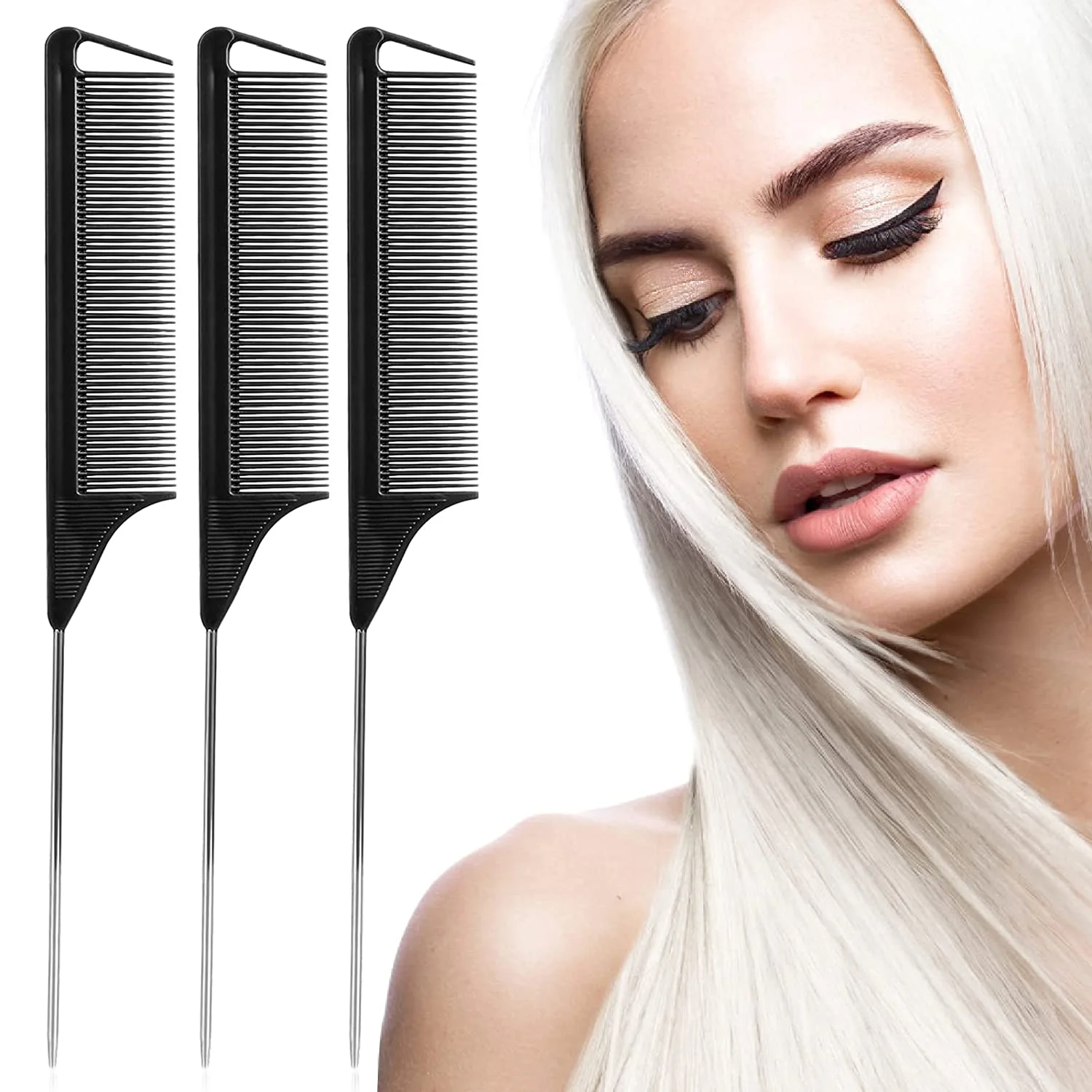 

Hair Styling Comb Set Rat Tail Combs Teasing Comb Parting Comb for Braids Metal Long Steel Pin Rat Tail Teasing Comb for Salon