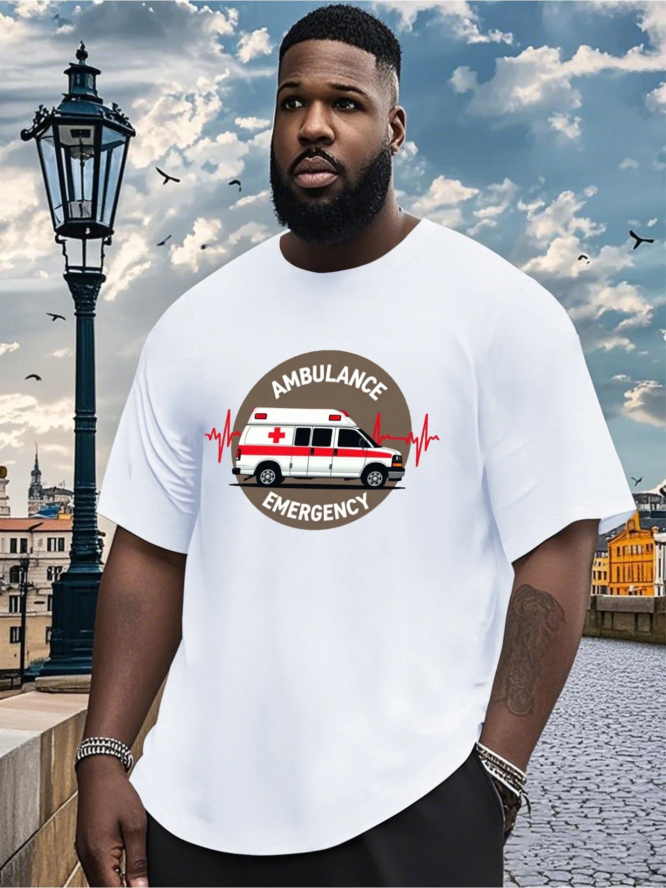 Men's Ambulance Emergency Medical Vehicle Graphic T-Shirt - Plus Size Black With Red Cross And ECG Design, Casual Short Sleeve R