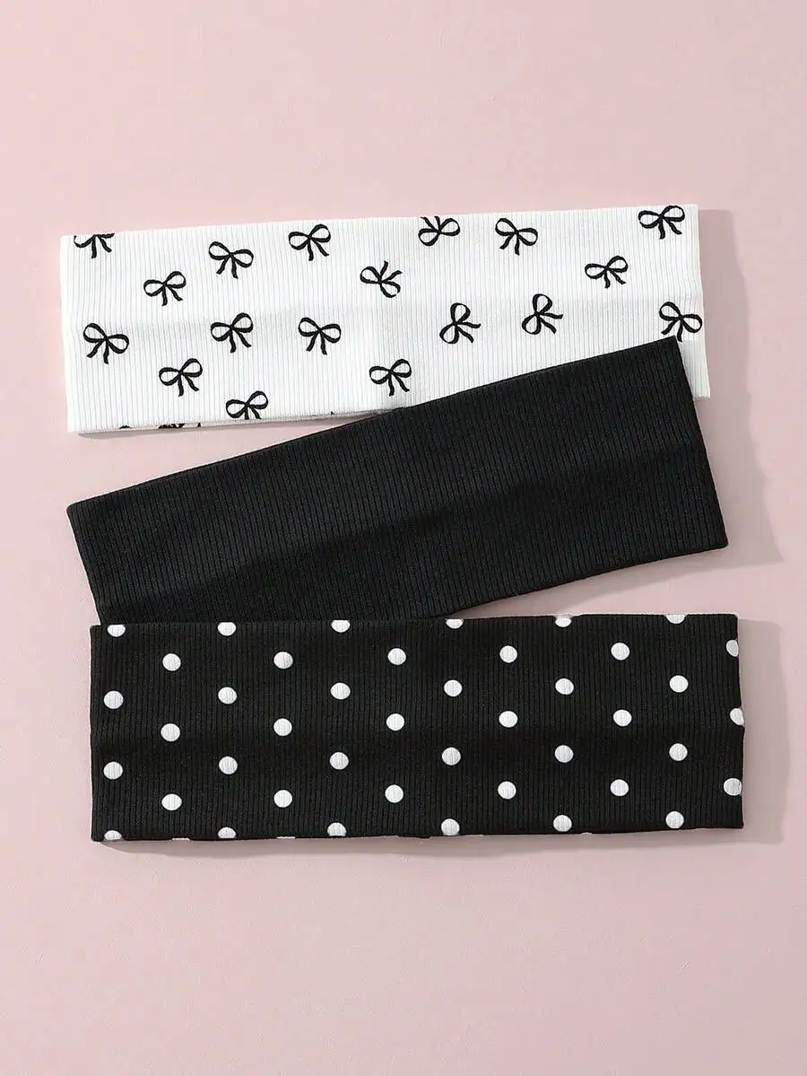 

2pcs Womens Polka Dot And Bow Print Elastic Headbands Non-Slip Soft Hair Accessories For Daily Sports Travel