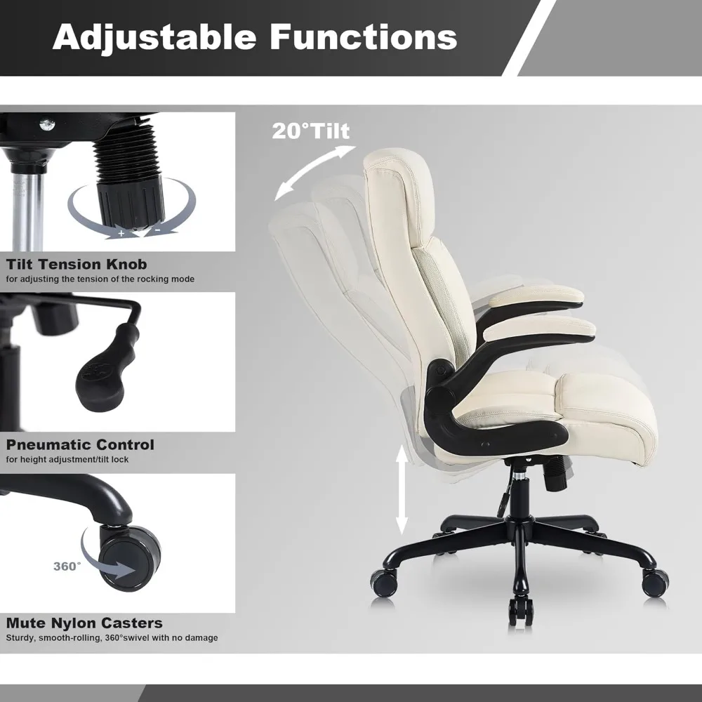 Kursi Kantor Eksekutif, kursi meja komputer kulit PU ergonomis dengan penyangga pinggang, sandaran lengan lipat, dan tinggi dapat disesuaikan, fo