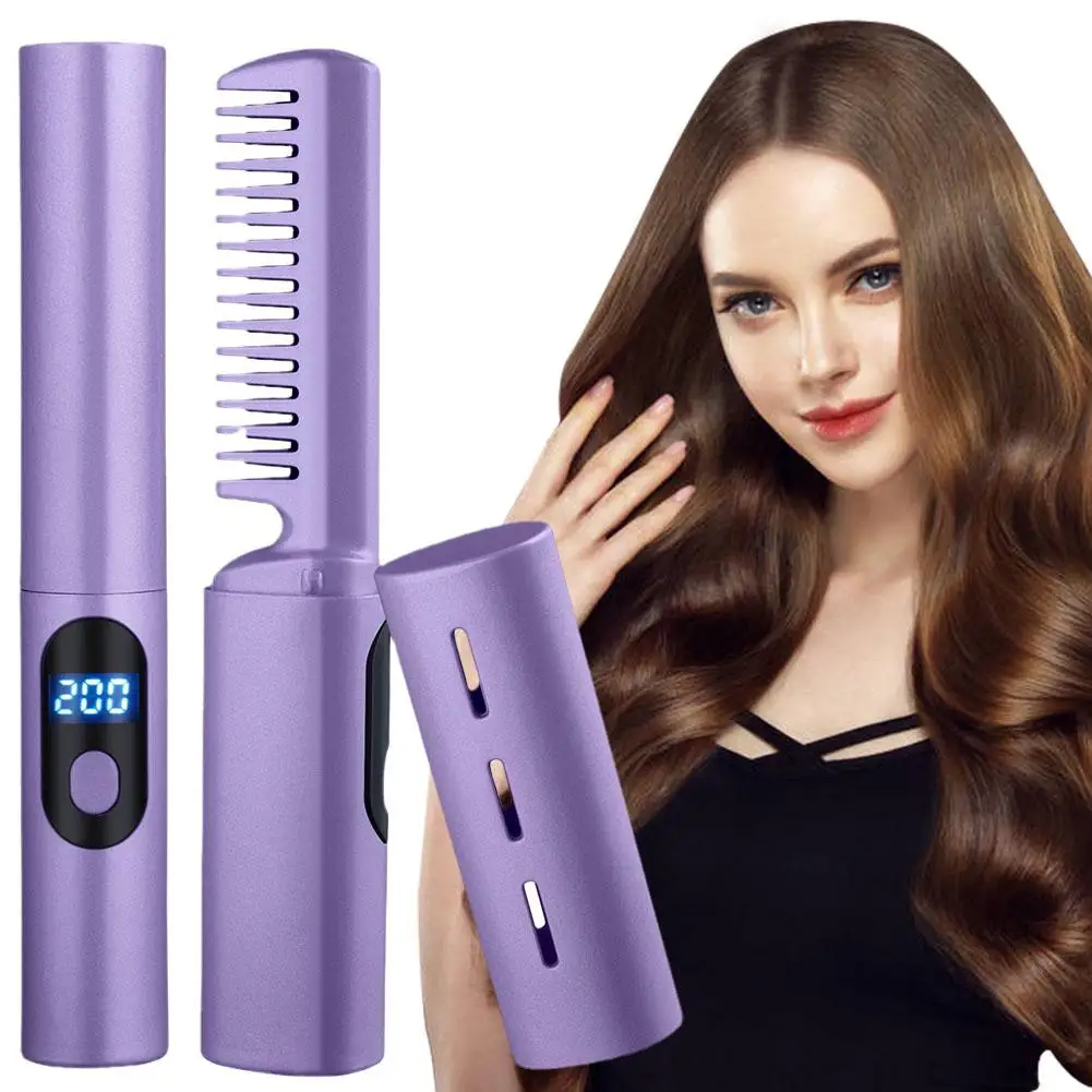 2 In 1 Luie Stijltang Haar Hete Kam Snelle Verwarming Ijzer Oplaadbare Curling Ion Usb Straight Curler Stijltang Negatief T7k0