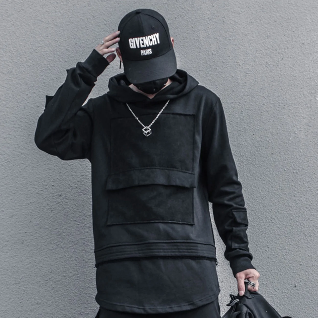 Harajuku Patchwork Hoodie Men Hip Hop Streetwear Hoodie Sweatshirt Man Ribbon 2022 Cotton Top Pullover Black