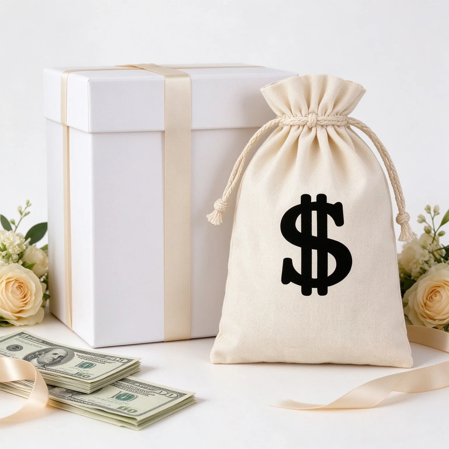 Canvas Dollar Sign Money Storage Bag, Reusable Drawstring Pouch for Party Favors Holiday Gift Packaging