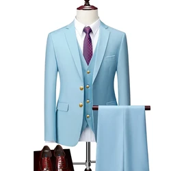 Men Business 3 Pieces Suits Sets / Male Groom Wedding Banquet Solid Color High End Custom Large Size Brand Blazers Jacket Coat