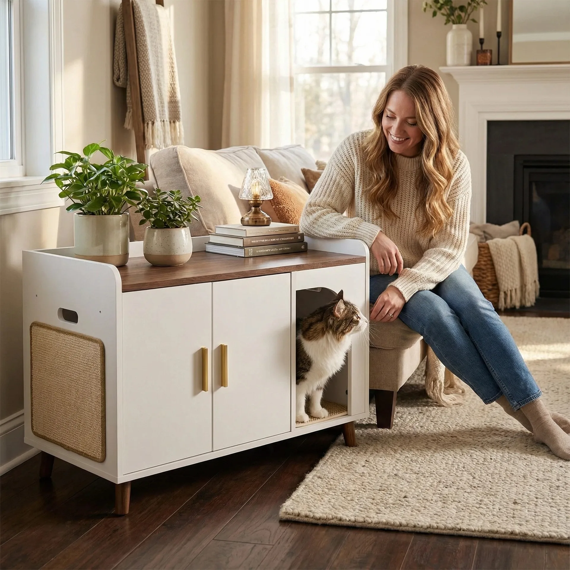 Modern Wood Stackable Pet Crate Hidden  Box Enclosure Cat Washroom Furniture Table Nightstand with Scratch Pad