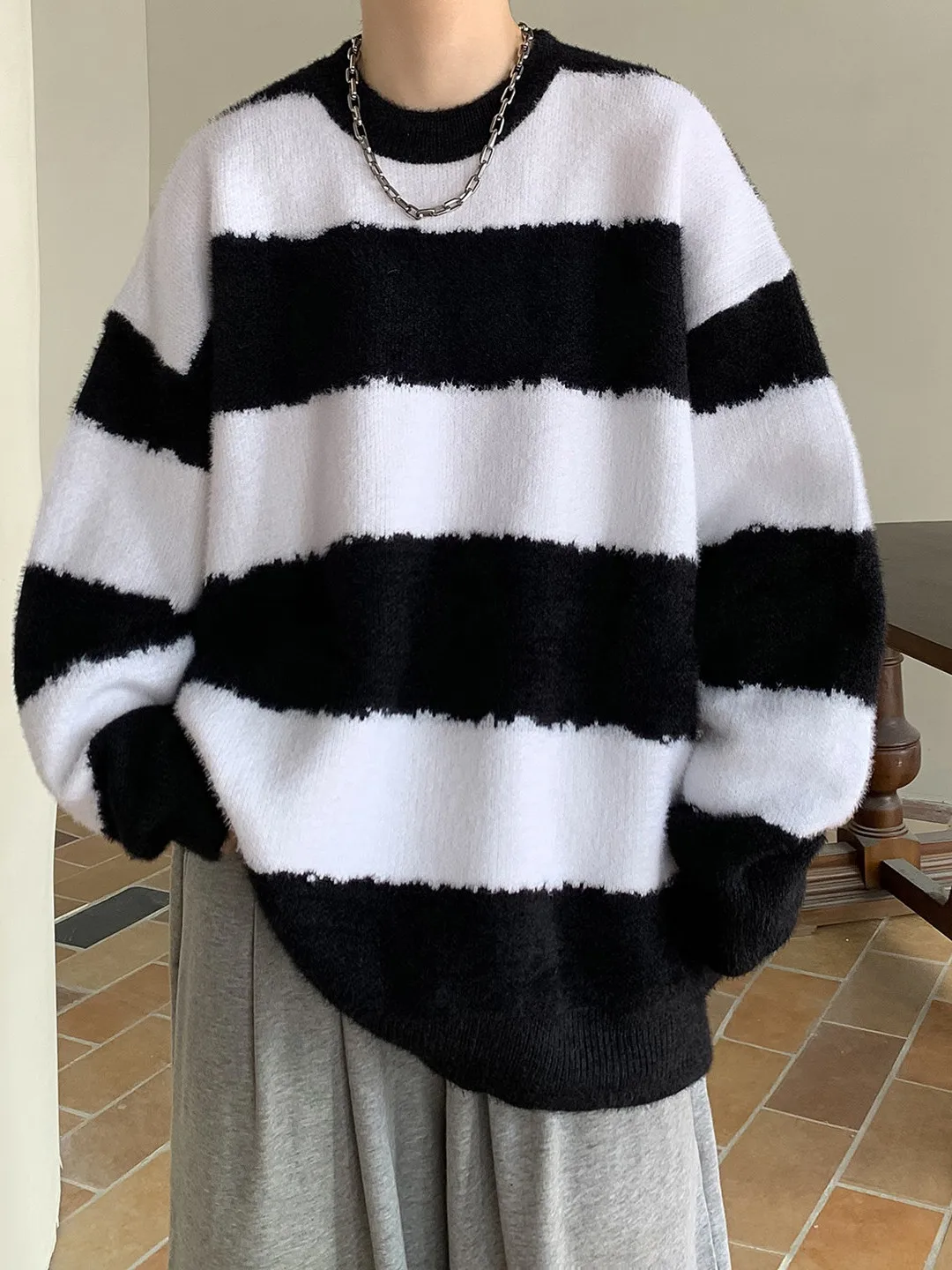 

Свободный мужской вязаный свитер, круглый пуловер Ne, винтажный полосатый рукав, весенне-осенняя повседневная одежда, удобный трикотаж