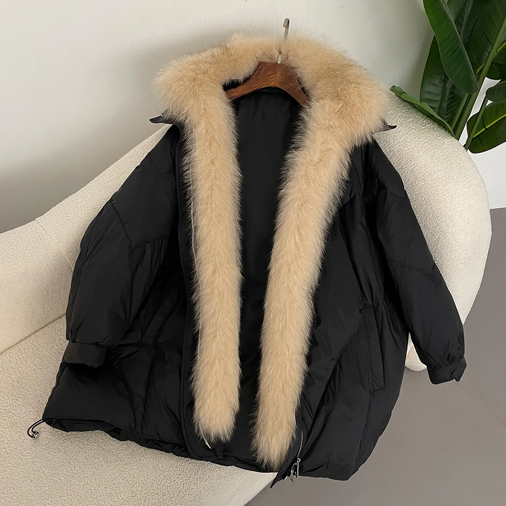 Real Natural Fox Fur Puffer Coat 2024 Winter Women White Goose Down Jacket Loose Warm Puffer Coat Female Thick Mid-Long Parkas