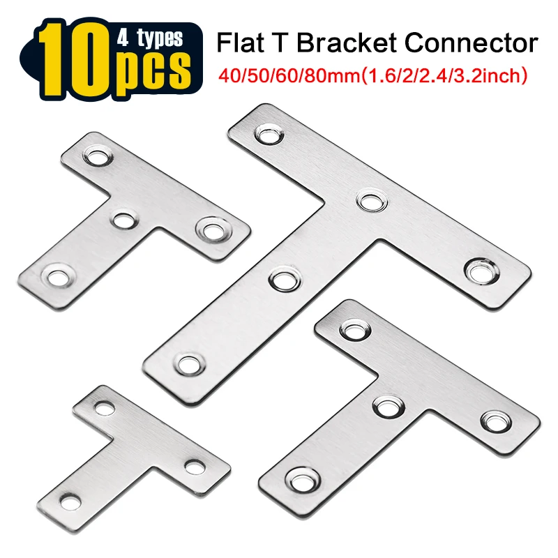 10Pcs T Corner Braces T Bracket Connector 40/50/60/80mm(1.6/2/2.4/3.2Inch) T Shape Flat Mending Plates Fixing Repair Plates