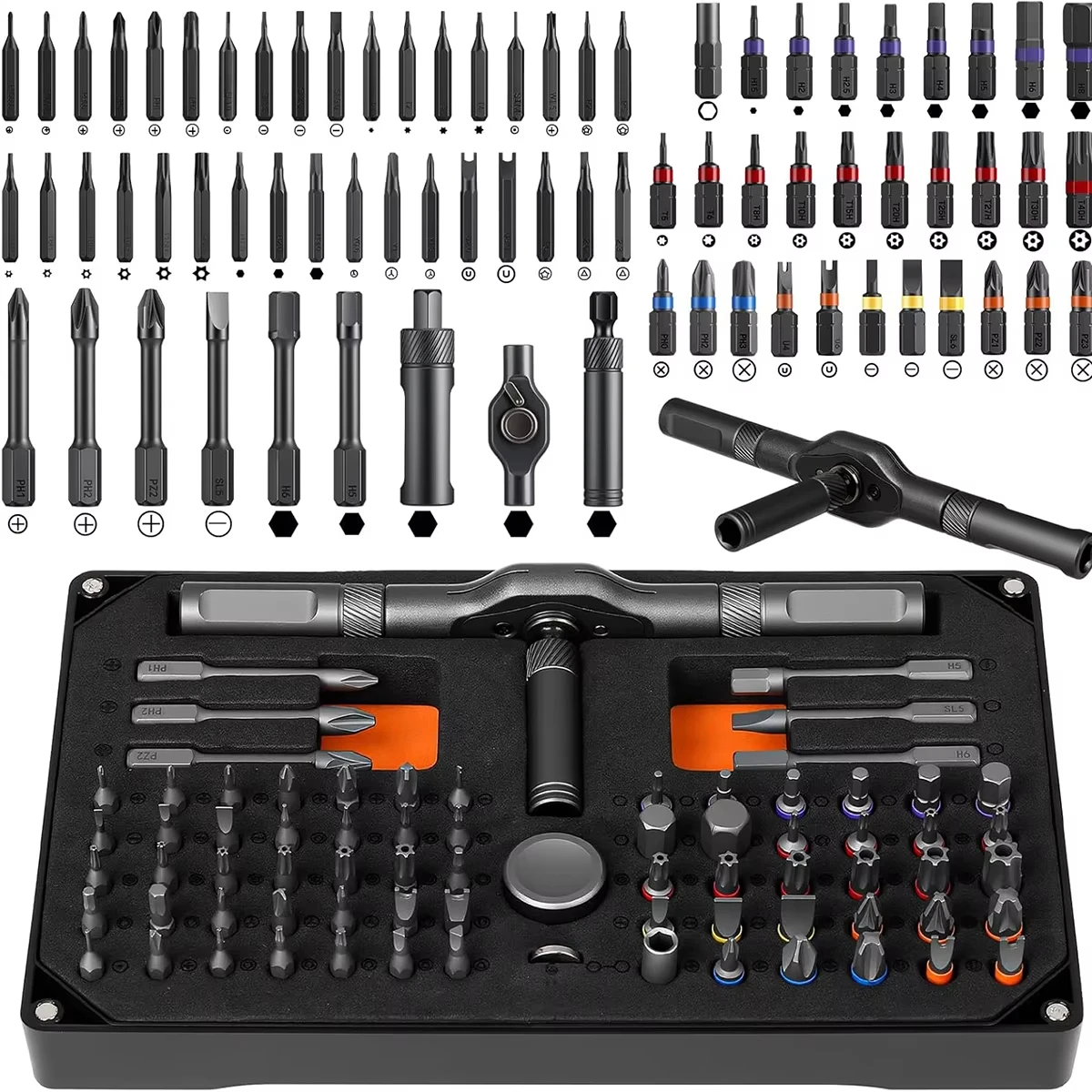 Kit de tournevis à cliquet 74-en-1 avec poignée en T détachable, outil de réparation de précision, embouts magnétiques portables pour meubles, ordinateurs, vélos, lunettes, téléphones, électronique, bricolage, entretien domestique, kit d'outils manuels multifonctions