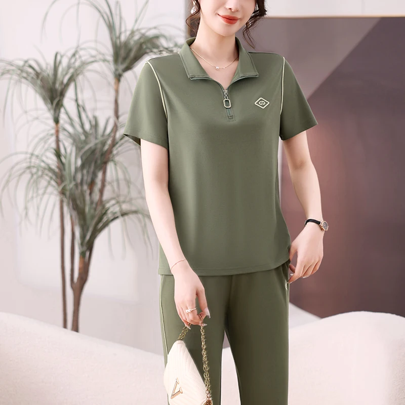 

Casual Sportswear Set for Women Summer ort Sve T-irt Mid-aged And ly Faionable Loose Fit Cotton Blend Two-piece