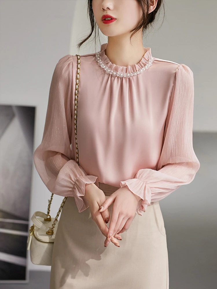 Spring Summer Women Chiffon Shirts Office Lady Long Sleeve Blouses Chic Beading Solid Female Casual Tops Blusas Mujer 2024