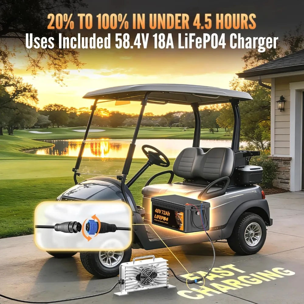 48V 72AH Lithium Golf Cart Battery, Bluetooth 48V LiFePO4 Battery Kit with 58.4V 18A Battery Charger & LCD Monitor,, Customized