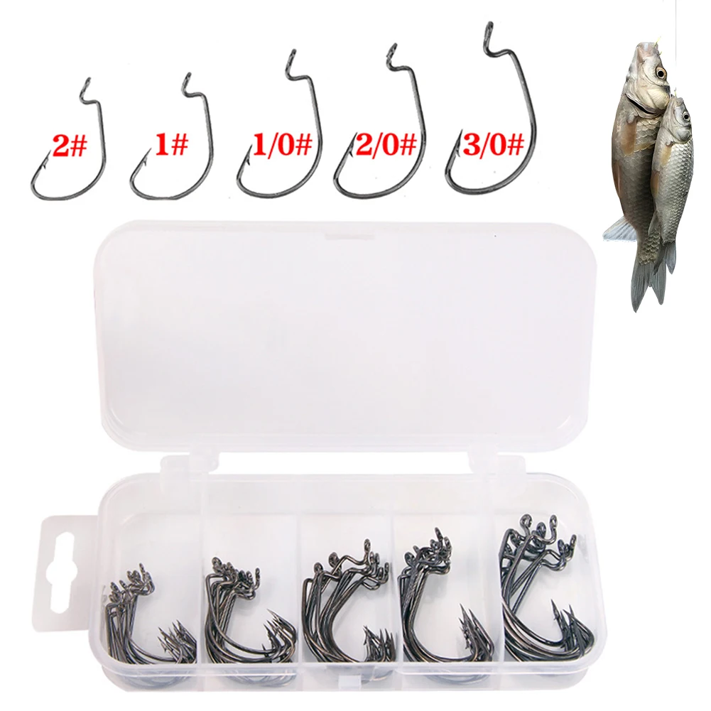 50 Pcs/Box Jig Crank Barbed Hook Wide  Offset Fishhook Wide Worm Hook Bass Barbed Carp Fishing Hook Soft Worm Sea Hook Tackle