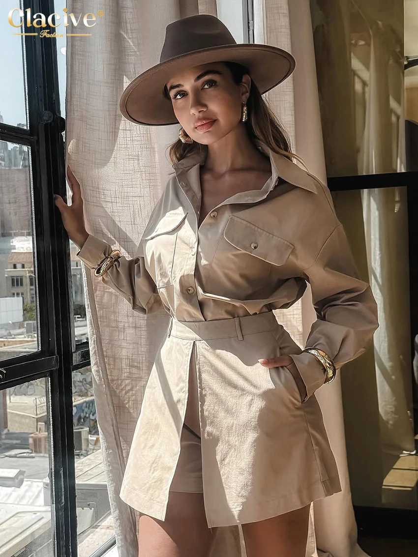 

Clacive Fashion Loose Khaki Cotton Women's Two Pieces Set Elegant Long Sleeve Shirt With High Waist Shorts Set Female Streetwear