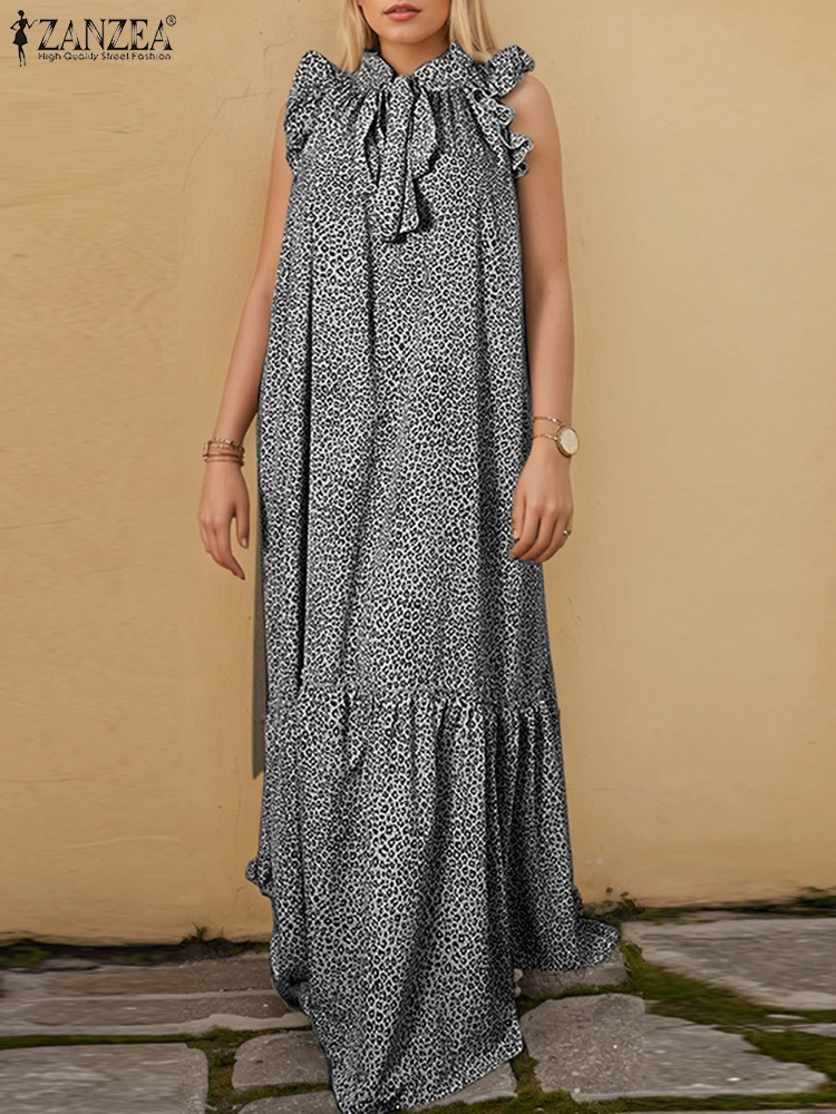 ZANZEA-Vestido largo con estampado de leopardo para mujer, vestido sin mangas para fiesta, sin mangas, con cordones, cuello en V, vestido veraniego informal holgado