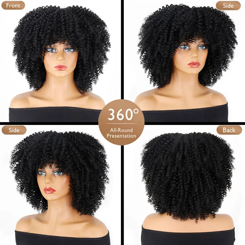 Curto Curly Afro Perucas com Franja para Mulheres Negras, Fluffy Kinky Perucas, Preto