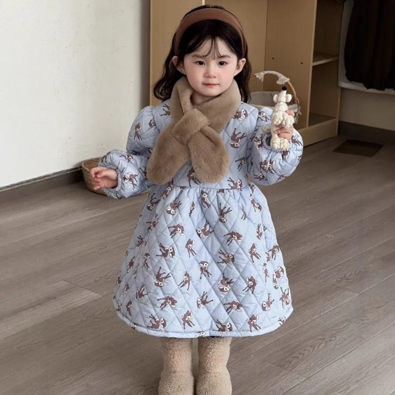 

2025 Autumn Winter Cartoon Cute Girls' Print Cotton Pleat Diamond Thick Warm Dress Children's Kid 3-10 Years Toddler Outfit