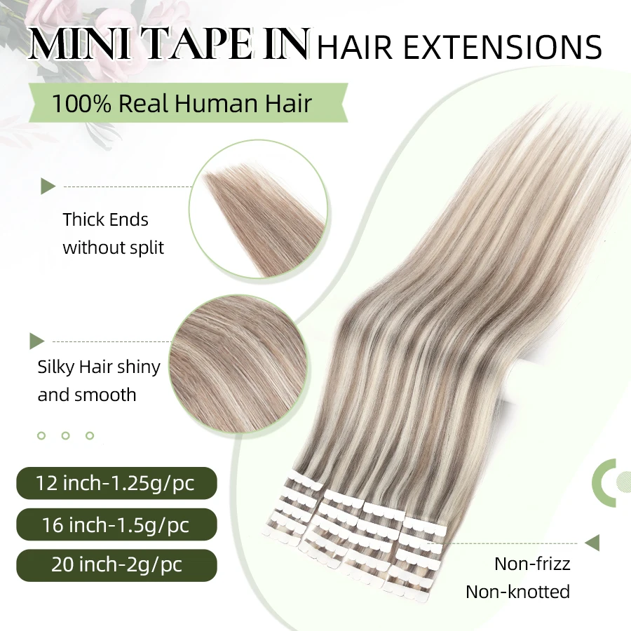 Neitsi Mini Tape Ins Hair Extensions Real Natural Adhesive Human Hair Straight 12