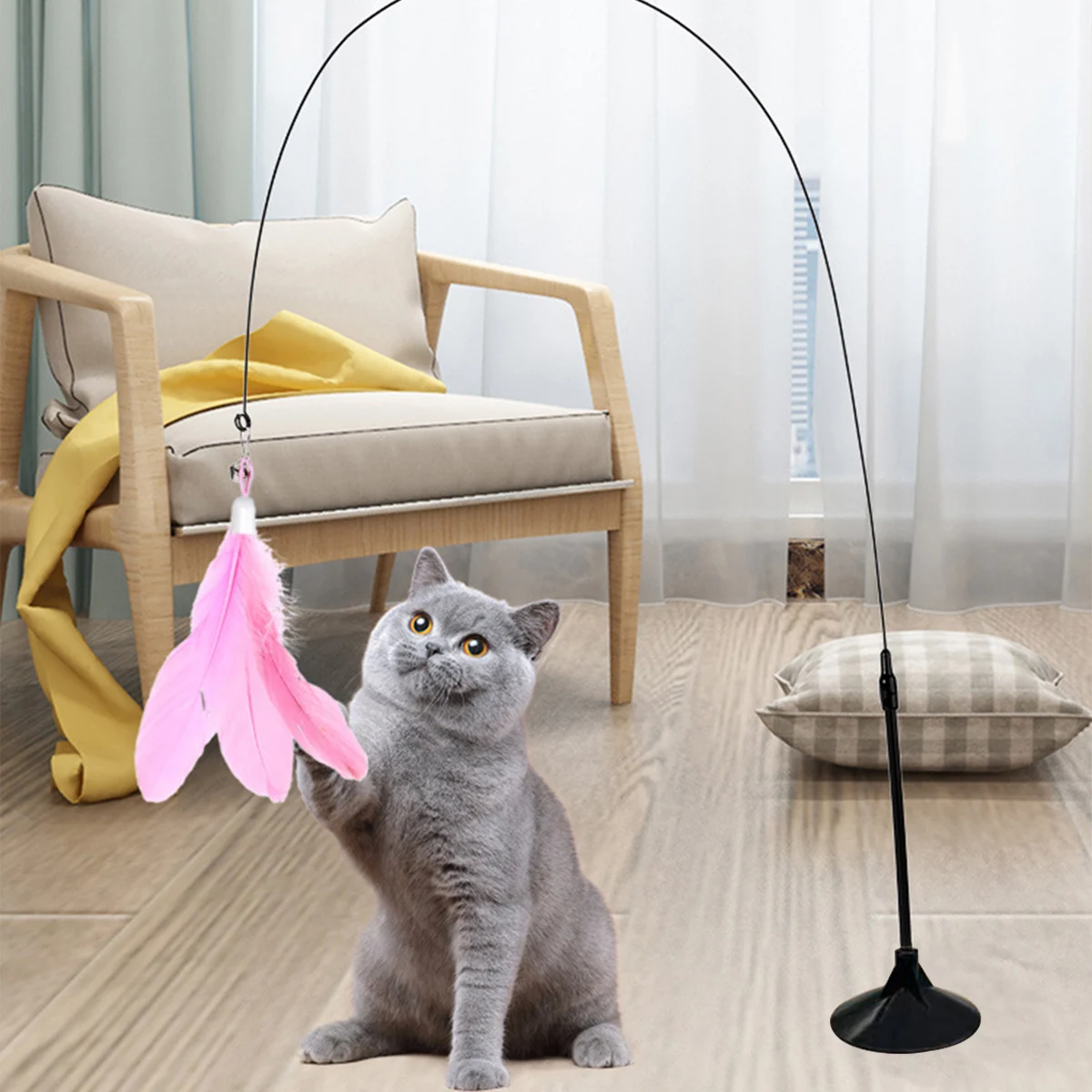 Indoor Cat Stick Toy Interactive Suction Cup Cat Toy With Removable Feathers, Fun Exercise For Cats And Kittens