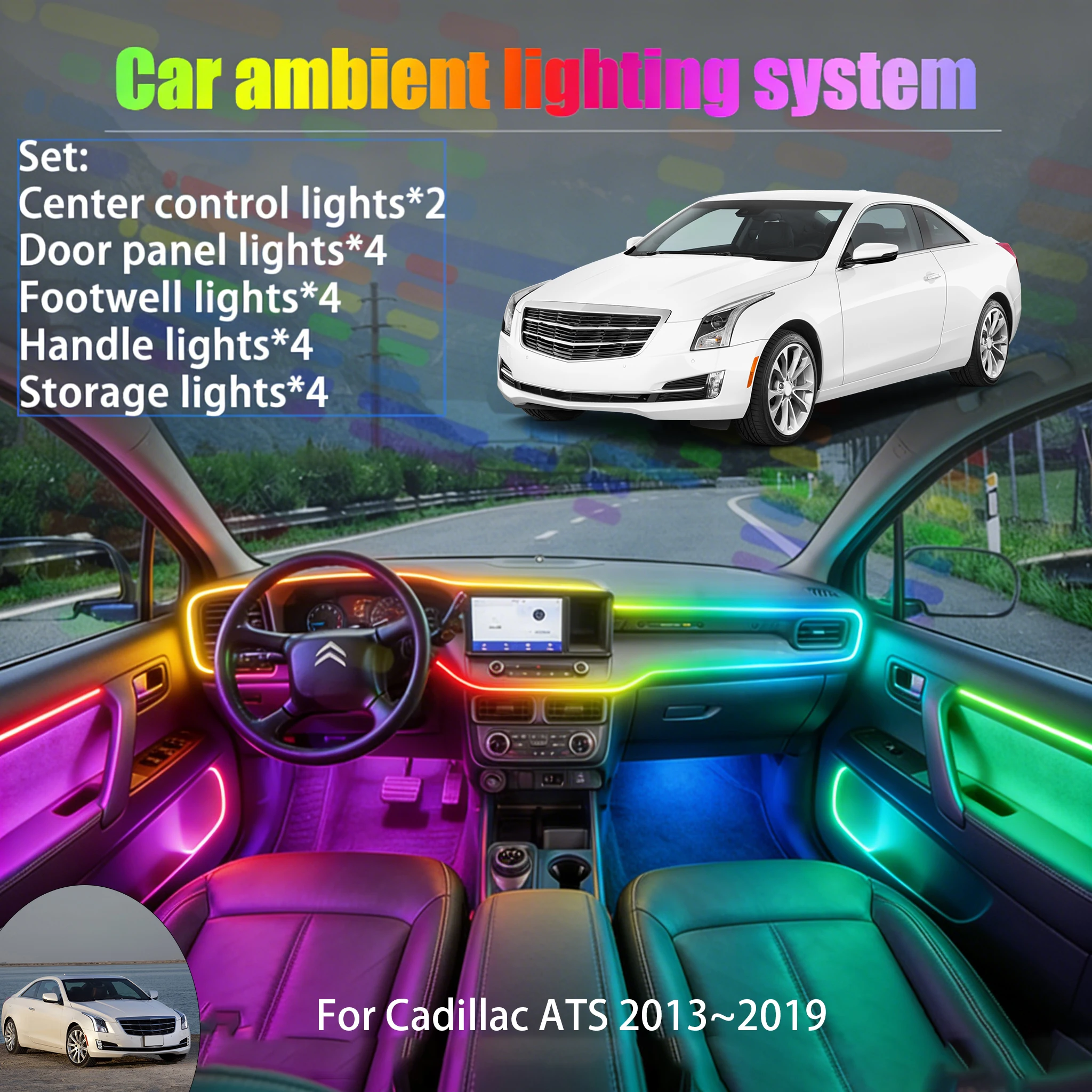 

Для Cadillac ATS 2013~2019: Комплект светодиодной подсветки салона и багажника 2/18 в 1, USB RGB, с эффектом бегущих огней, автозапчасти