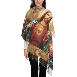 Custom Sacred Heart Of Jesus Christ Art Christian Gift Scarf Wrap for Women Long Winter Warm Tassel Shawl Unisex Scarves