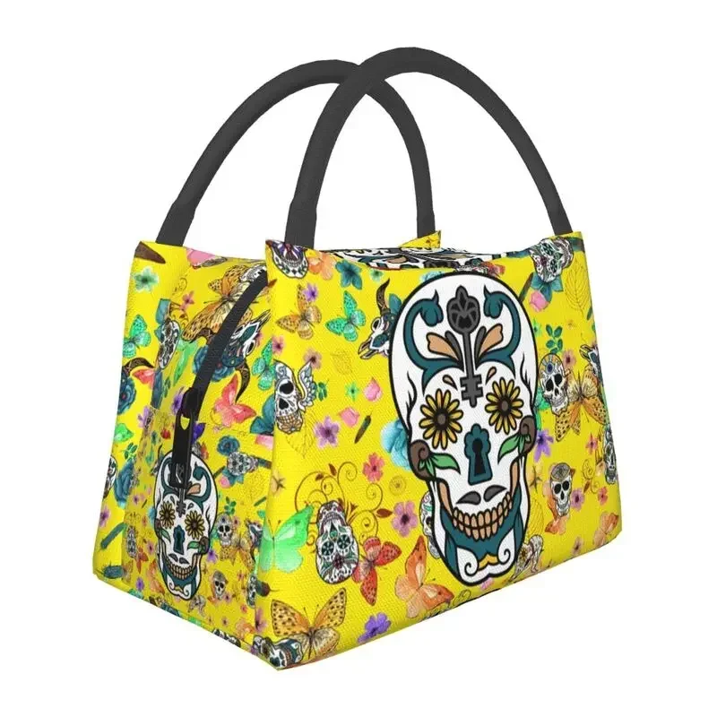 Sugar Skulls Day Of The Dead Insulated Lunch Bag Women Skeleton Gothic Lunch Container for Work Travel Storage Meal Food Box