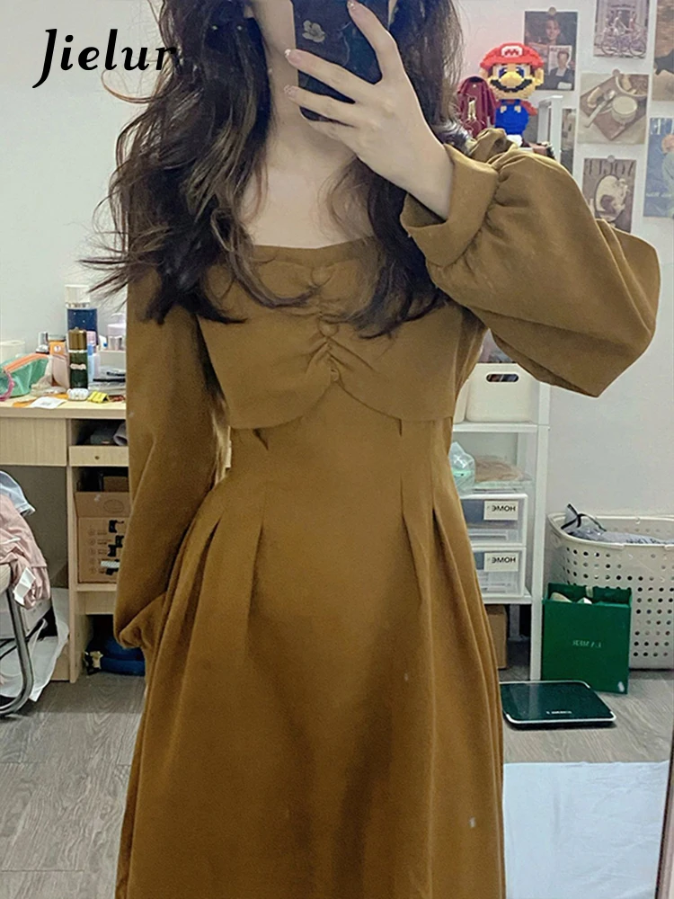 Jielur French New Autumn Yellow Slim Waist Fashion Chic Female Dresses Basic Solid Color Casual Long Sleeves 2-color Women Dress