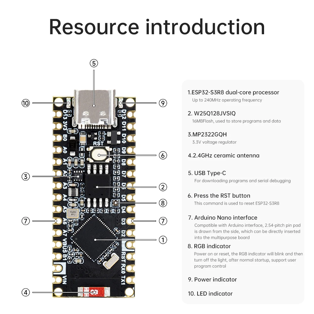 ESP32-S3 Nano WiFi Placa de desarrollo compatible con Bluetooth Placa de desarrollo IoT basada en ESP32-S3R8 240MHz para Arduino