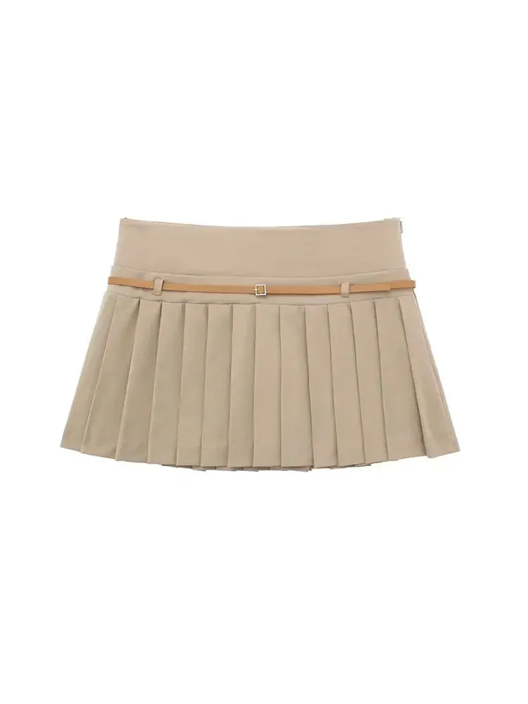 HH 2025 Verano Mujer Retro empalmado ​ ​ Falda con cinturón de cuero para mujer, minifalda plisada elegante de cintura alta con cremallera, ropa de calle