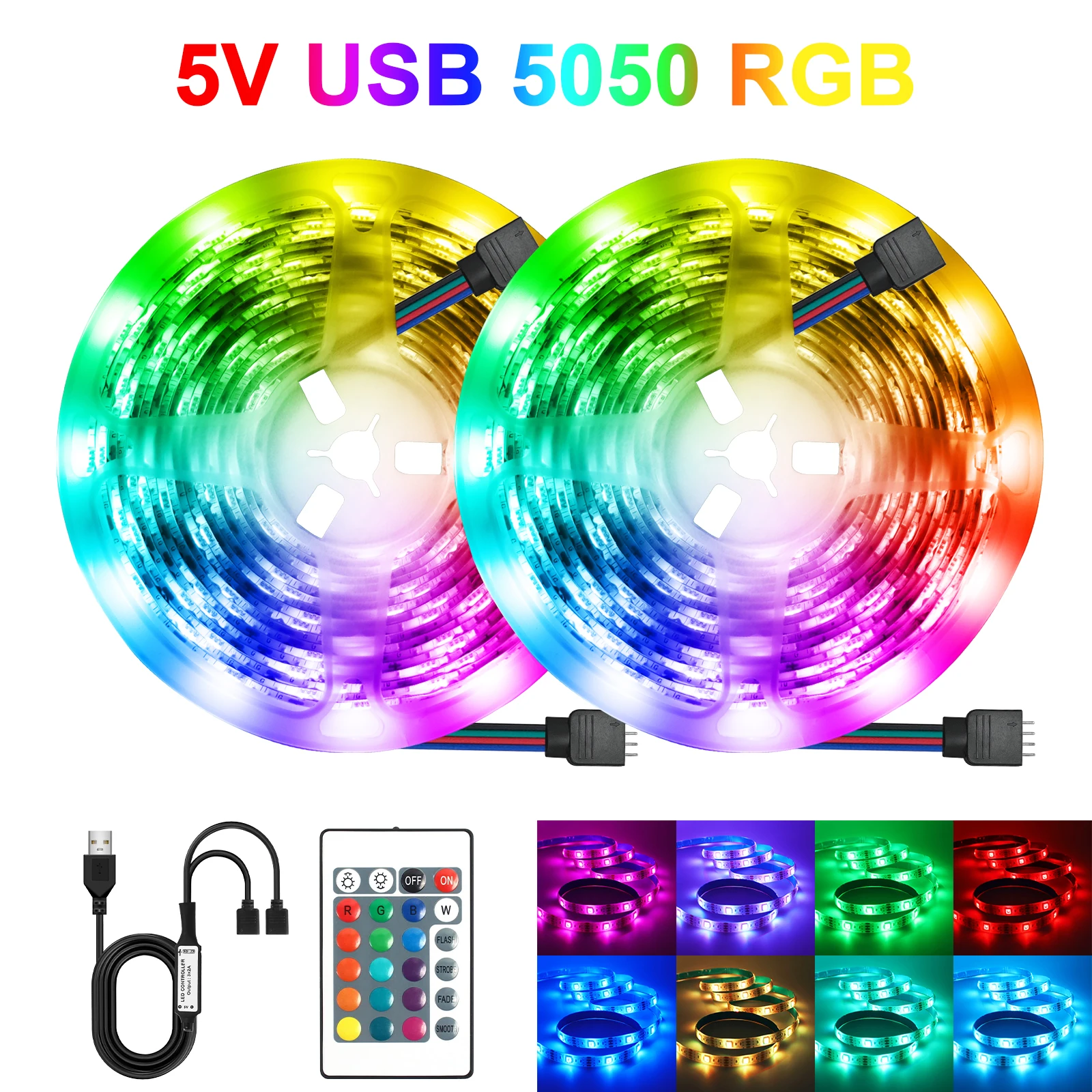 DC 5V 5050 RGB Strip LED Light 24Key Remote Control Flexible Ribbon Tape Led Strips Indoor Bedroom Party Decor TV Backlight