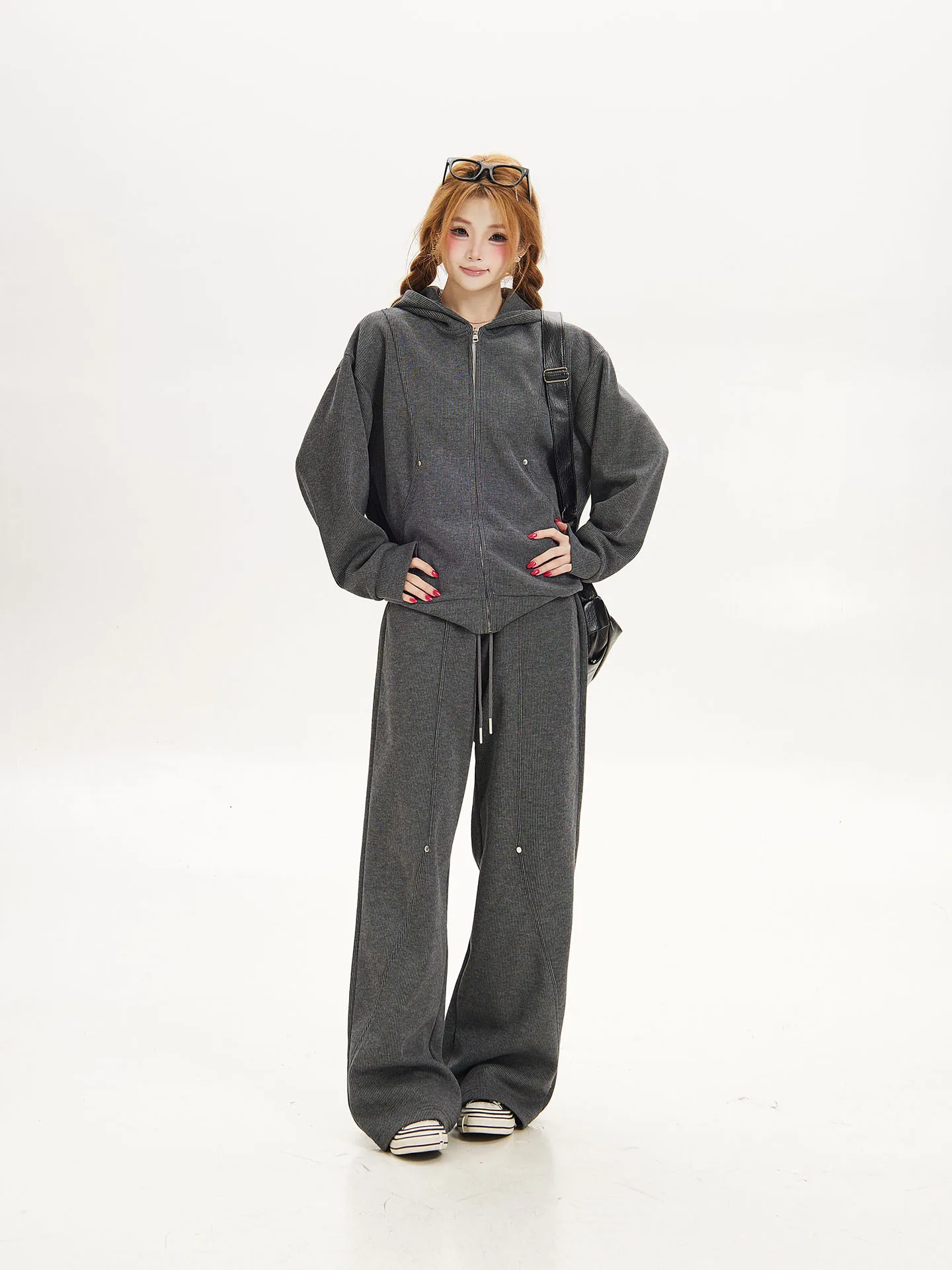Gray Ant Loose Fit Hoodie Set Women's Casual Sport Two-Piece Suit Zipper Cardigan Long Sleeve Cotton Polyester Blend