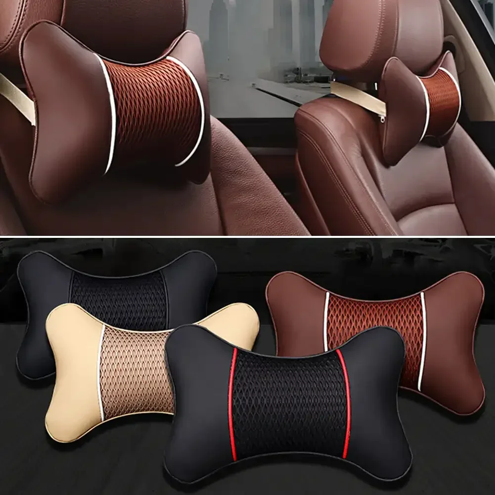 PU Leather Knitted Car Pillows Headrest Neck Rest Cushion Support Seat Accessories Auto Black Safety Pillow Universal Decor