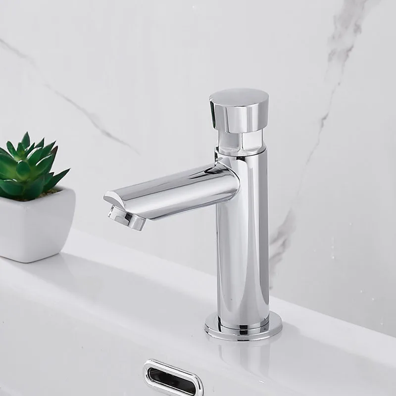 Brass Chrome Finish Delayed Basin Faucet Hotel Public Toilet Bathroom Basin Cold Faucet Delay Push Button Basin Sink Tap