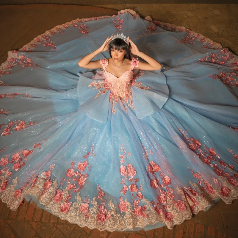 

Sky Blue Shiny Quinceanera Dresses Ball Gown Off The Shoulder Applique Flower Beading Bow Tull Corset Party Birthday vestidos 15