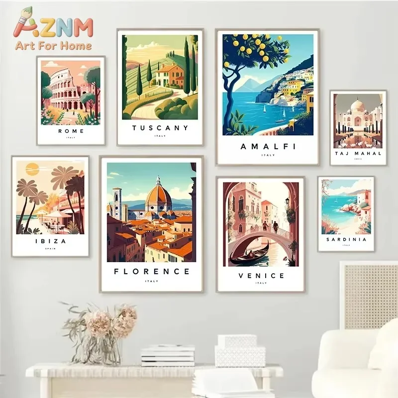 Vintage World Travel City Landscape Canvas Wall Art Retro Italy Rome Venice Amalfi Scenery Print Unframed Canvas Poster for Home