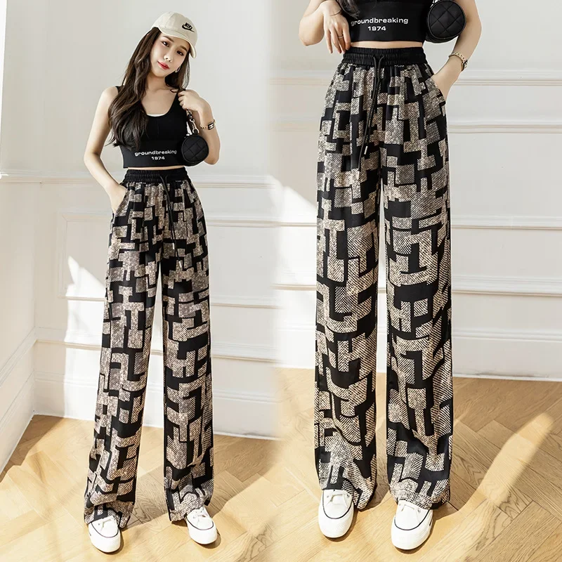 New Chinese Style Ink Wash Ice Shreds Wide Leg Pants Summer Women Thin Style Casual Ribbon Printing Loose All-match Trousers